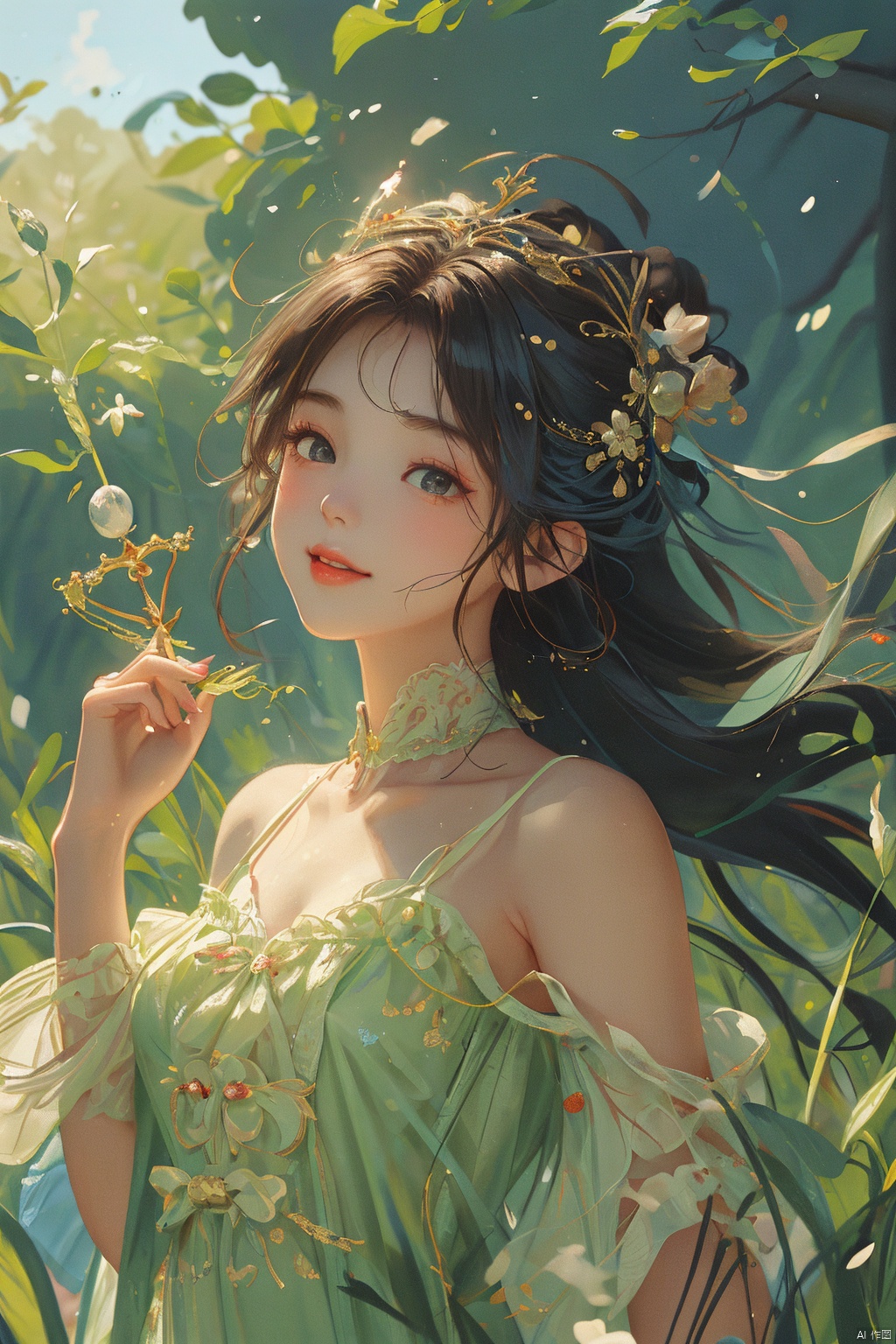  (bestquality), masterpiece, (ultra-detailed), illustration, 8k wallpaper, (extremely detailed CG unity 8k wallpaper), (extremely detailed eyes and face), huge filesize, game cg, llustration style,dream ,A Sunshine Laughs girl with black hair and black eyes, wearing a crown on her head,TT, Holding a magic wand in hand,8k, clear details, rich picture, nature background, flat color, vector illustration, watercolor, dancing, and joyful, Chinese style, cute girl, bpstyle,