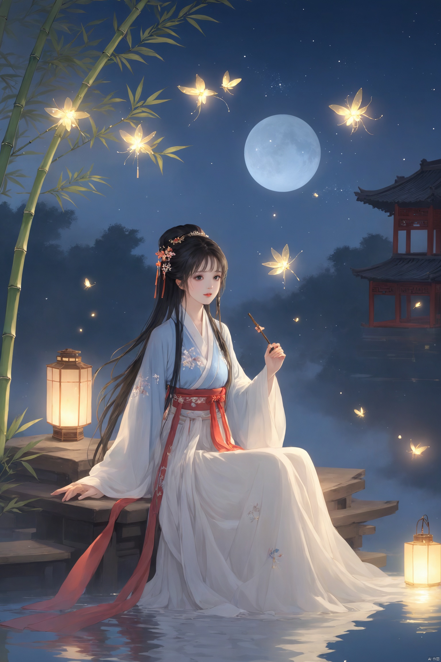 masterpiece,best quality,high quality,(colorful),[Artist miwano rag],[Artist toosaka asagi],[[[Artist wlop]]],[Artist chen bin],Artist Miv4t,1girl, solo, long hair, black hair, hair ornament, dress, sky, hair flower, sash, night, chinese clothes, star \(sky\), night sky, hand fan, lantern, holding fan, paper fan, hanfu,water,lying in the water,(fireflies),bamboo,tree,white theme