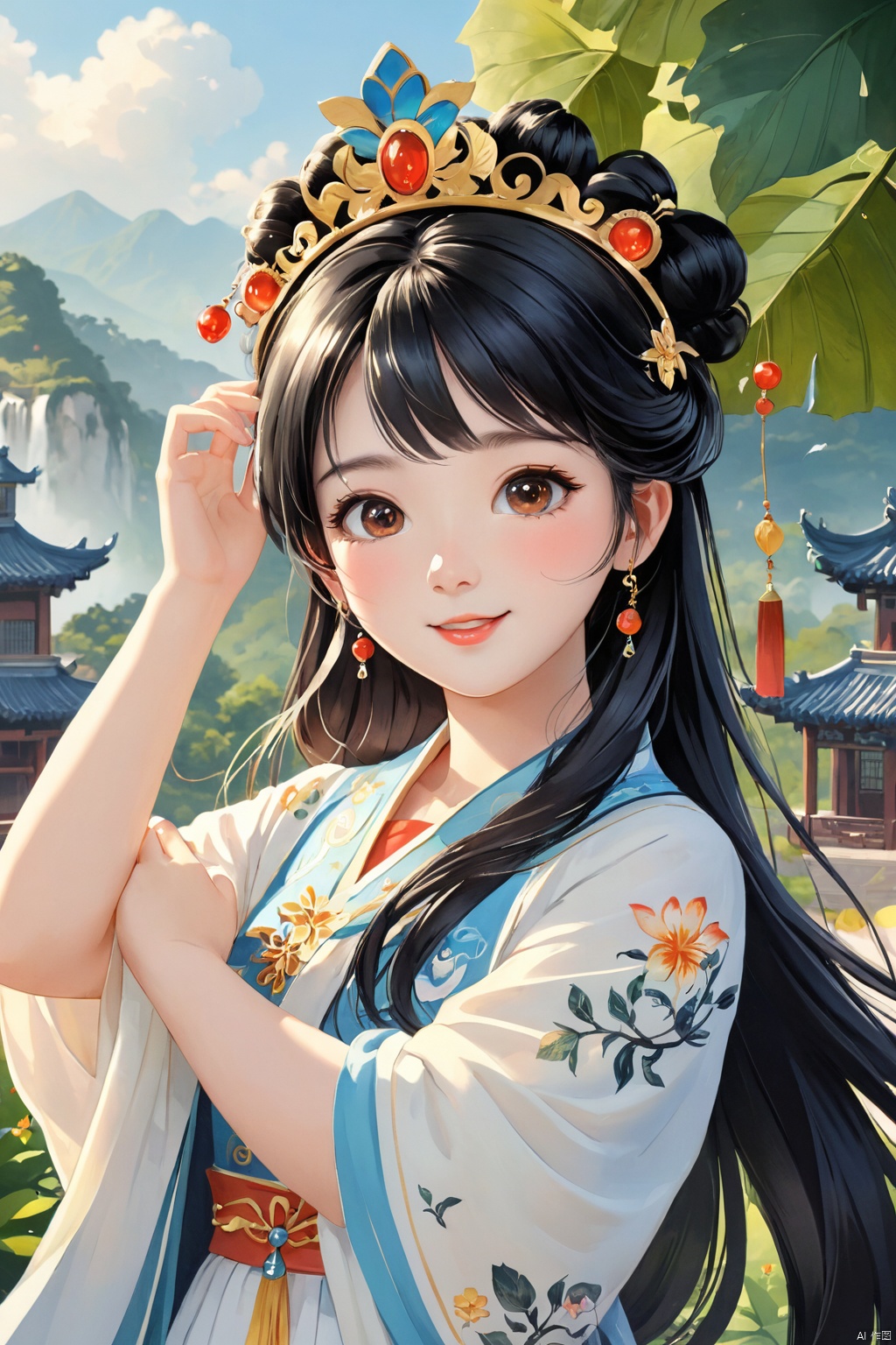  (bestquality), masterpiece, (ultra-detailed), illustration, 8k wallpaper, (extremely detailed CG unity 8k wallpaper), (extremely detailed eyes and face), huge filesize, game cg, llustration style,dream ,A Sunshine Laughs girl with black hair and black eyes, wearing a crown on her head,TT, Holding a magic wand in hand,8k, clear details, rich picture, nature background, flat color, vector illustration, watercolor, dancing, and joyful, Chinese style, cute girl, bpstyle,