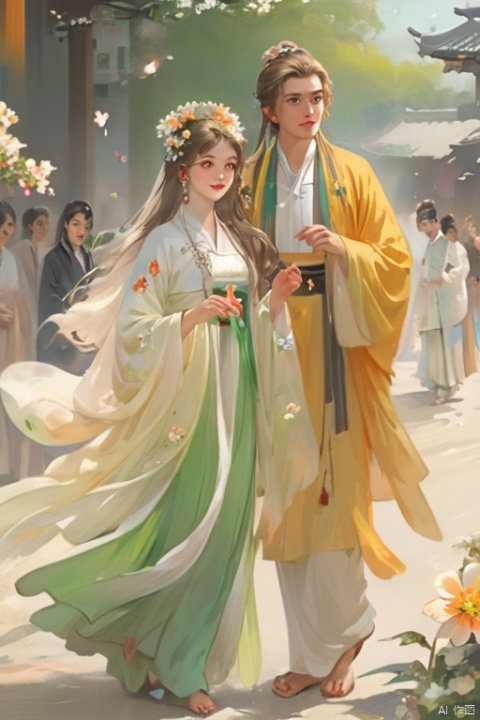  (masterpiece), (best quality), A man and a woman were walking side by side，illustration, ultra detailed,full body.barefoot. hdr, Depth of field, (colorful), loli,1girl, flower, long hair, white.hair.solo, green eyes, upper body, hair ornament, brown hair, teeth, dress, long sleeves, hanfu,yellow flower, looking at viewer