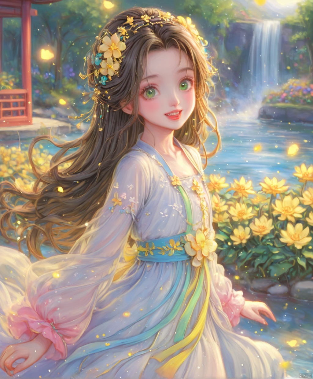  (masterpiece), (best quality), illustration, ultra detailed,full body.barefoot. hdr, Depth of field, (colorful), loli,1girl, flower, long hair, white.hair.solo, green eyes, upper body, hair ornament, brown hair, teeth, dress, long sleeves, hanfu,yellow flower, looking at viewer