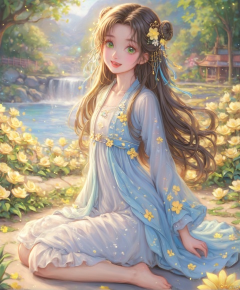  (masterpiece), (best quality), illustration, ultra detailed,full body.barefoot. hdr, Depth of field, (colorful), loli,1girl, flower, long hair, white.hair.solo, green eyes, upper body, hair ornament, brown hair, teeth, dress, long sleeves, hanfu,yellow flower, looking at viewer