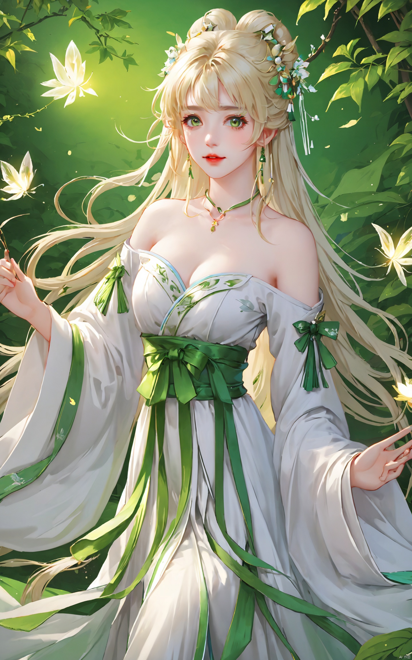  (masterpiece), (best quality), illustration, ultra detailed, hdr, Depth of field, (colorful), loli,1girl,solo,long hair,green eyes,blonde hair,hair ornament,bare shoulders,hanfu,breasts,dress,chinese clothes,white hair,upper body,leaf,bug,cleavage,white dress,