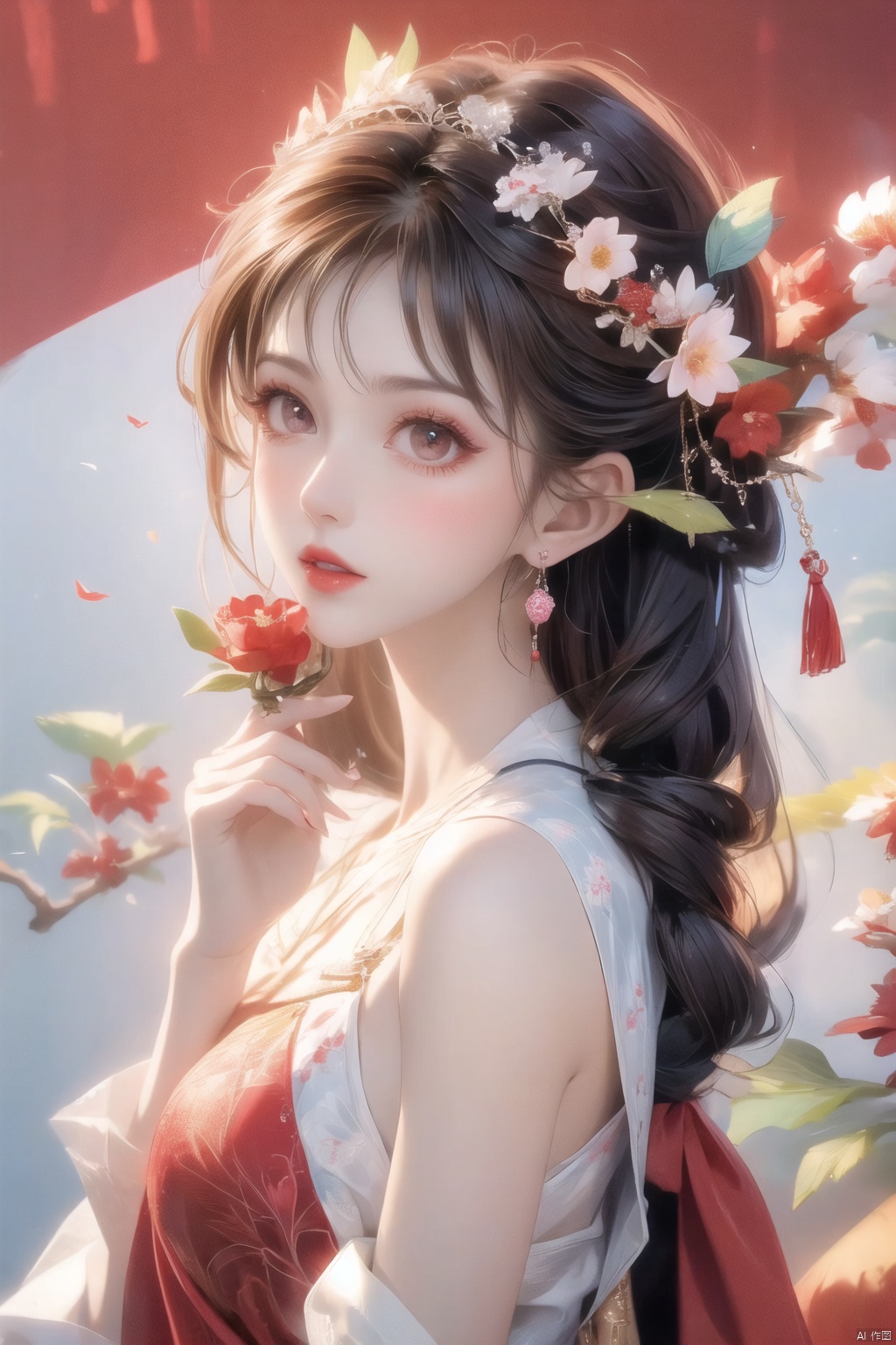 1girl, solo, long hair, black hair, hair accessories, jewelry, closed mouth, upper body, flowers, earrings, blur, side, eyelashes, side, makeup, red background, Chinese costume, red flowers, fringe, branch, red lips, fringe earrings, fruit grain, no hand, very beautiful, masterpiece, best quality, super detail, animation style, key vision, 1 girl