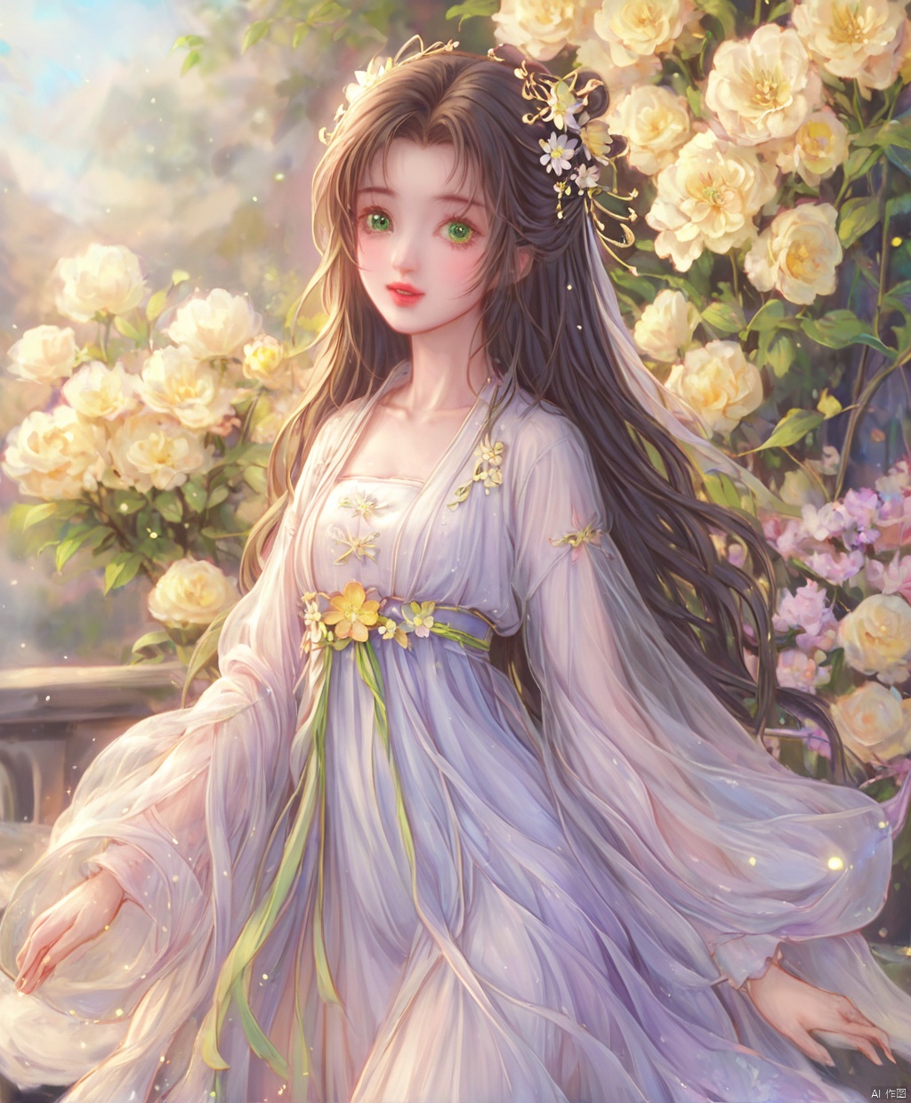  (masterpiece), (best quality), illustration, ultra detailed,full body.barefoot. hdr, Depth of field, (colorful), loli,1girl, flower, long hair, white.hair.solo, green eyes, upper body, hair ornament, brown hair, teeth, dress, long sleeves, hanfu,yellow flower, looking at viewer