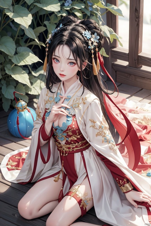 1gril,,hanfu,full body, cloak, QINGYI, shidudou,blue butterfly, in a colorful fantasy realism style, realistic color palette, wink and you miss details,