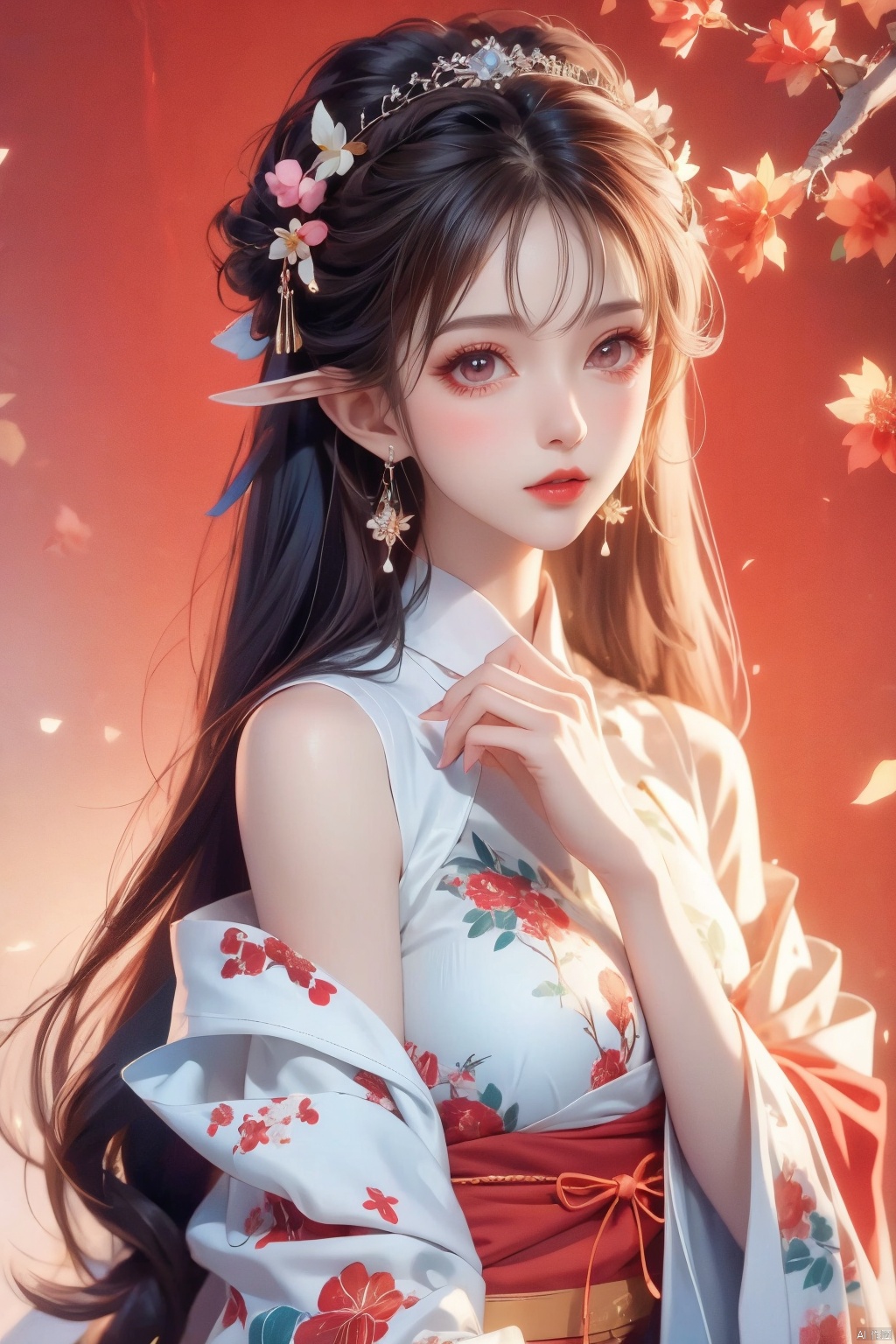 1girl, solo, long hair, black hair, hair accessories, jewelry, closed mouth, upper body, flowers, earrings, blur, side, eyelashes, side, makeup, red background, Chinese costume, red flowers, fringe, branch, red lips, fringe earrings, fruit grain, no hand, very beautiful, masterpiece, best quality, super detail, animation style, key vision, 1 girl