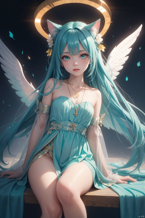  {masterpiece},white hair,yellow eyes,aqua eyes,looking up,stockings,dark skin,long hair,hime cut,messy hair,floating hair,demon wings,halo,cross necklace,holy,divinity,shine,holy light,cat girl,(loli),(petite),solo,cozy anime,houtufeng,letterboxed