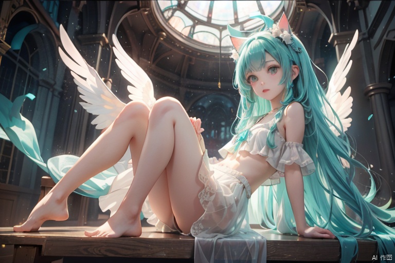  {masterpiece},white hair,yellow eyes,aqua eyes,looking up,stockings,dark skin,long hair,hime cut,messy hair,floating hair,demon wings,halo,cross necklace,holy,divinity,shine,holy light,cat girl,(loli),(petite),solo,cozy anime,houtufeng,letterboxed,(barefoot)