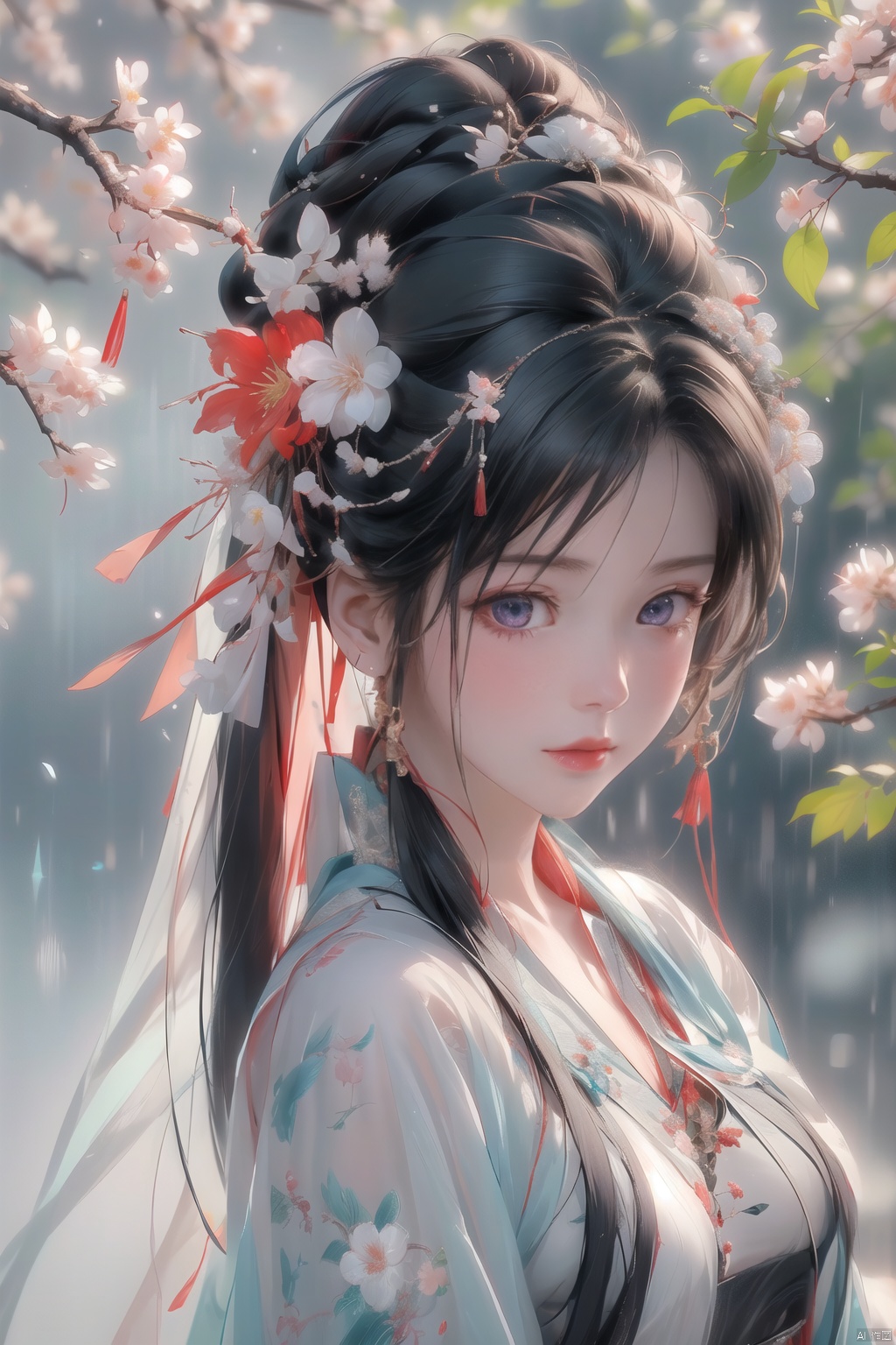 (\yan yu\),rainning,1girl, solo, black hair, long hair, hair ornament, looking at viewer, flower, from side, red lips, hair flower, upper body, lips, closed mouth, realistic, black eyes, looking to the side, nose, branch