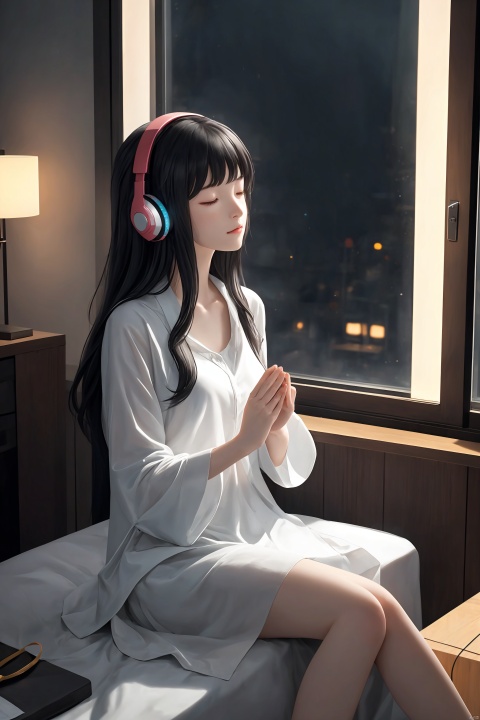  A girl is meditating in her room, wearing headphones, outside the window, night lights, neon lights in rainy days, (\MBTI\), (\shen ming shao nv\), maolilan