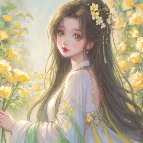  (masterpiece), (best quality), illustration, ultra detailed, hdr, Depth of field, (colorful), loli,1girl, flower, long hair, solo, green eyes, upper body, hair ornament, brown hair, teeth, dress, long sleeves, hanfu,yellow flower, looking at viewer