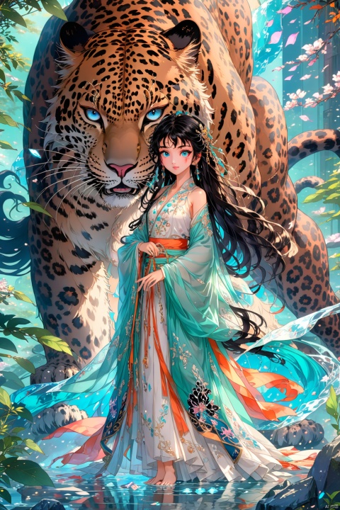  Anime style, (masterpiece: 1.3), best quality, animation works, 1girl, solo, long hair, bangs, hanfu, black hair, wide sleeve flowing fairy skirt, medium hair, black hair, black leopard, photos, 8k, complex, highly detailed, majestic, digital photography, broken glass, (fine and delicate beautiful eyes: 1.2), hdr, lifelike, high-definition, animation style, key vision, vibrant, studio animation, highlydetailed