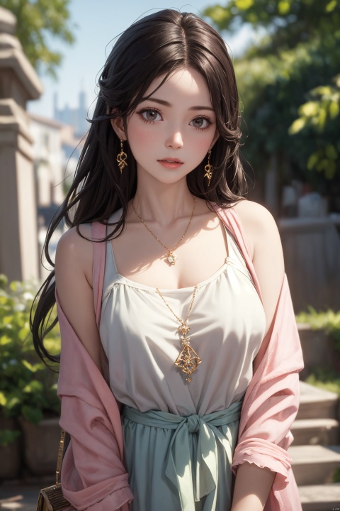  best quality,(masterpiece:1.3),ultra-detailed,solo:1.3,1GIRL,brown hair, brown eyes, necklace, earrings, jewelry,