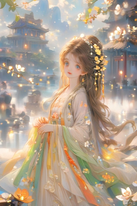  (masterpiece), (best quality), illustration, ultra detailed,full body.barefoot. hdr, Depth of field, (colorful), loli,1girl, flower, long hair, white.hair.solo, green eyes, upper body, hair ornament, brown hair, teeth, dress, long sleeves, hanfu,yellow flower, looking at viewer