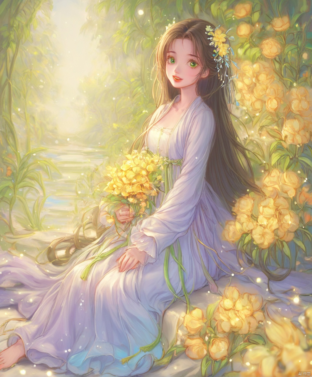  (masterpiece), (best quality), illustration, ultra detailed,full body.barefoot. hdr, Depth of field, (colorful), loli,1girl, flower, long hair, white.hair.solo, green eyes, upper body, hair ornament, brown hair, teeth, dress, long sleeves, hanfu,yellow flower, looking at viewer