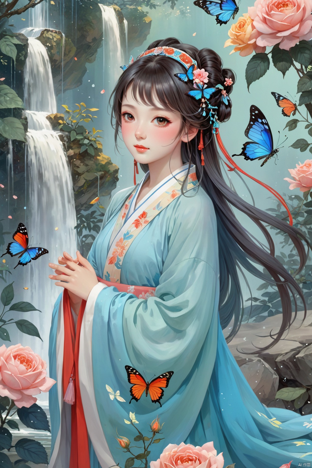  1gril,,hanfu,full body, cloak, QINGYI, shidudou,blue butterfly, in a colorful fantasy realism style, realistic color palette, wink and you miss details,chinese painting\(gongbi\),young woman bathing under a waterfall in an dream like forest,extremely detailed,detailed face,intricate detail,background\(gongbi\),    blue butterfly, in a colorful fantasy realism style, realistic color palette, wink and you miss details, japanese style art, fluid and organic shapes, light teal and light red, light reflection,blue butterfly, in a colorful fantasy realism style, realistic color palette, wink and you miss details,sleeve,flower headband,roses background,4k,8k,round eyes,round pupil,happy,colourful,fantasy magical,complex hair detail,happy,texture on clothings,fireflies,