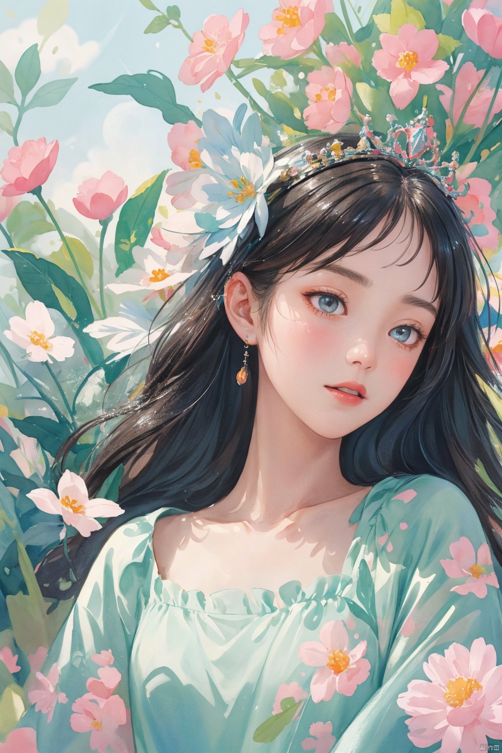  (bestquality), masterpiece, (ultra-detailed), illustration, 8k wallpaper, (extremely detailed CG unity 8k wallpaper), (extremely detailed eyes and face), huge filesize, game cg, llustration style,dream ,A Sunshine Laughs girl with black hair and black eyes, wearing a crown on her head,TT, Holding a magic wand in hand,8k, clear details, rich picture, nature background, flat color, vector illustration, watercolor, dancing, and joyful, Chinese style, cute girl, bpstyle,