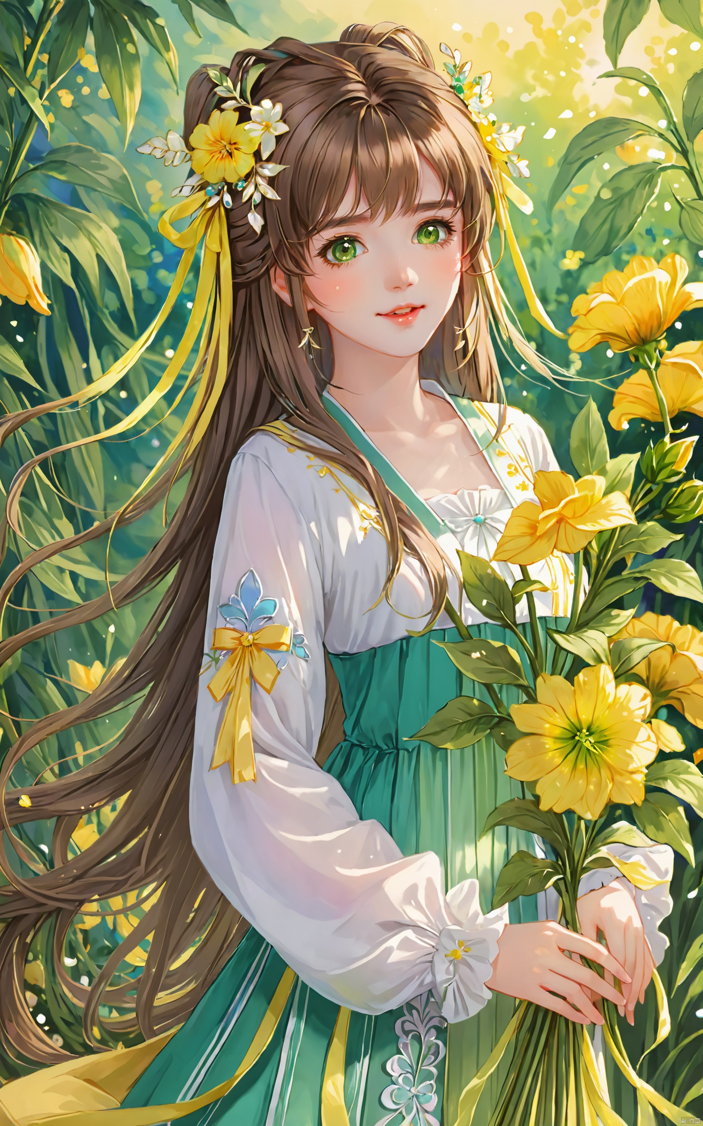  (masterpiece), (best quality), illustration, ultra detailed, hdr, Depth of field, (colorful), loli,1girl, flower, long hair, solo, green eyes, upper body, hair ornament, brown hair, teeth, dress, long sleeves, yellow flower, looking at viewer