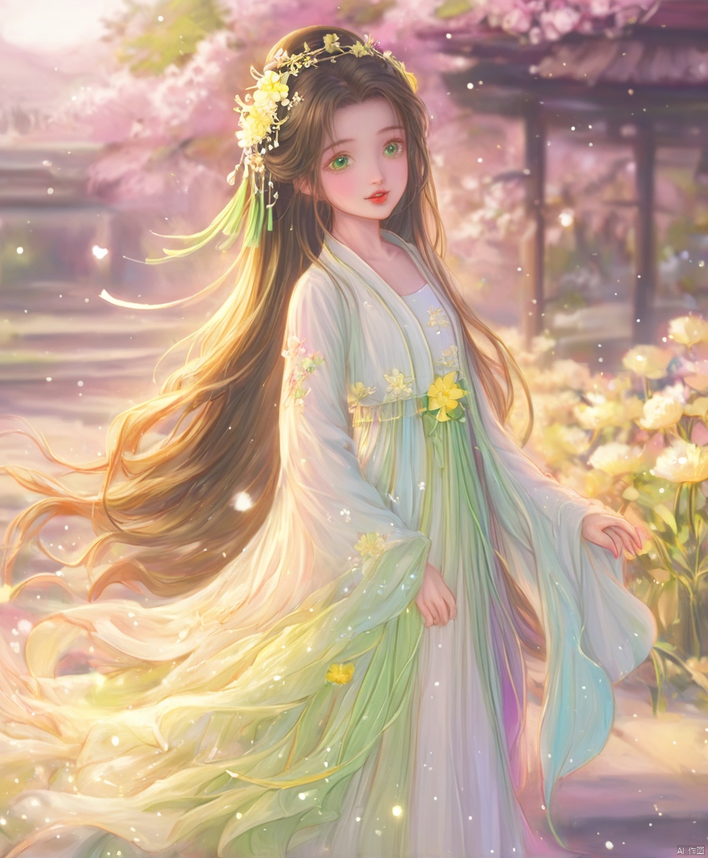  (masterpiece), (best quality), illustration, ultra detailed,full body.barefoot. hdr, Depth of field, (colorful), loli,1girl, flower, long hair, white.hair.solo, green eyes, upper body, hair ornament, brown hair, teeth, dress, long sleeves, hanfu,yellow flower, looking at viewer