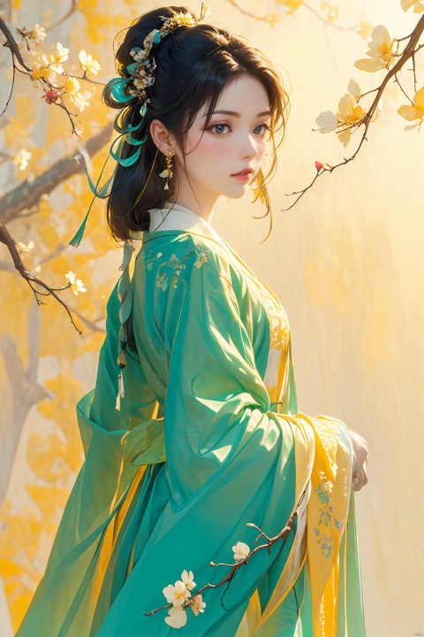  1girl, solo, long hair, looking at viewer, brown hair, black hair, hair ornament, long sleeves, ribbon, jewelry, closed mouth, upper body, flower, earrings, hair flower, from side, chinese clothes, yellow background, branch, yellow theme