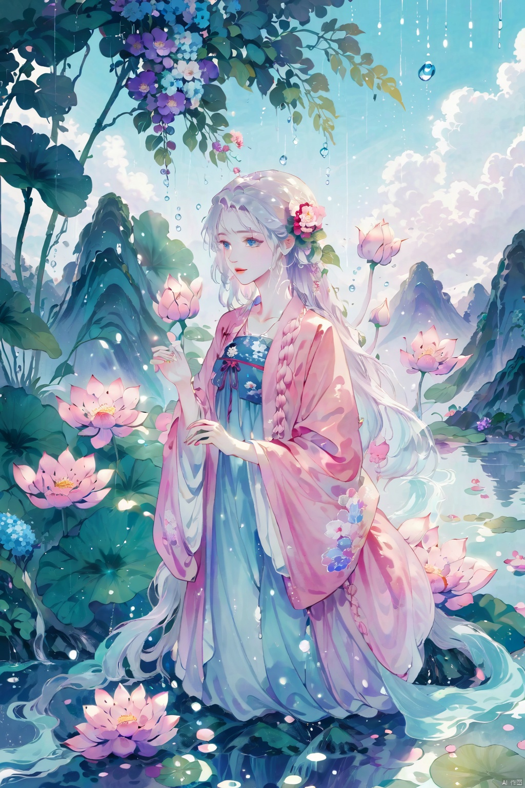  1 Girl, Laurie, petite, long hair, floating hair, messy hair, white hair, bow knot, braid, blue eyes, bright dress, floating, looking at the audience, feet soaking, goddess, water lily, lotus, ocean, partially submerged, bubbles, beach, berries, blue flowers, bouquet, foam, camellia, caustics, clover, coral, daisy, flower background, flowers, food, fruit, hibiscus, horizon, hydrangea, Water, leaves, lilies, lilies of the valley, petals on liquid, pink flowers, purple flowers, rain, red flowers, ripples, roses, shallow water, snowflakes, waves, white roses, yellow flowers, ((poakl)), Light master, glint sparkle, gonggongshi, traditional chinese ink painting, flower,flower, tyqp, shui, 1girl,short skirt,, see-through, Happy Water Park,huaxianzi, guofengZ, chineseclothes,dress, yue , hair ornament , hanfu, bailing_model,1girl, full body