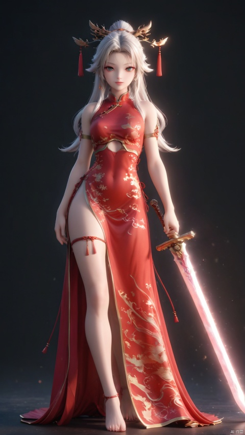 full body,sexy,barefoot,hanfu,white hair fairy fox,A magic sword locked by a chain, game RPG inventory sword icon, with a glowing dragon surrounding the sword in the background, the hilt has silver and black engraved runes, glowing, the blade is complete, slender, tall Resolution, detailed, high quality, 3D model, game assets, Chinese dragon pattern on the handle, solid color background, ultra-detailed, surreal style, 3D rendering Unreal Engine 5 style. to kostay, 1girl, Chinese dragon, glow