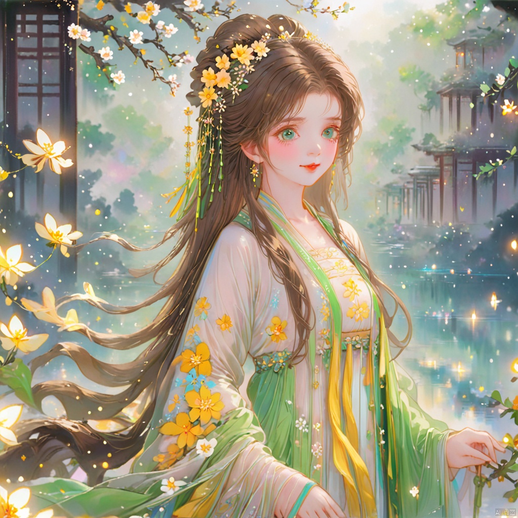  (masterpiece), (best quality), illustration, ultra detailed, hdr, Depth of field, (colorful), loli,1girl, flower, long hair, solo, green eyes, upper body, hair ornament, brown hair, teeth, dress, long sleeves, hanfu,yellow flower, looking at viewer