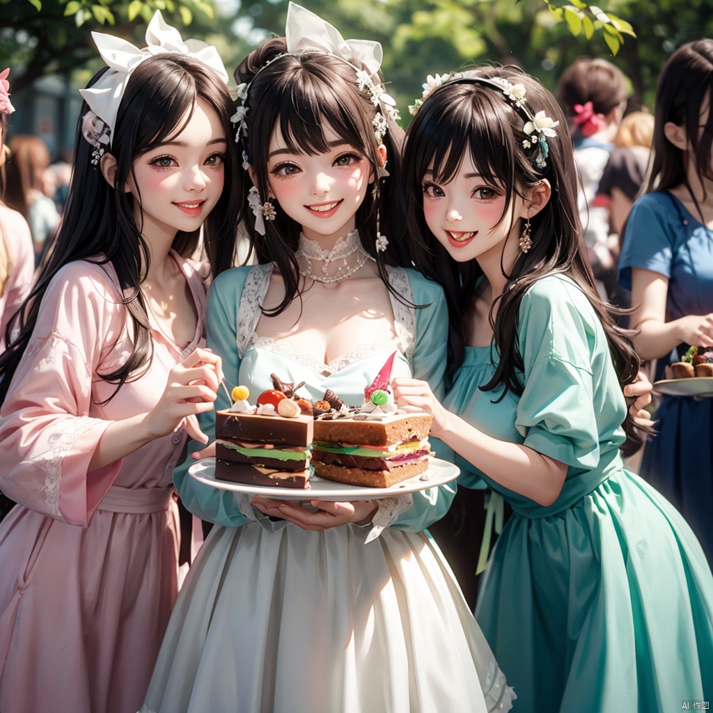  4+ girls, multiple colored hairs, sweet maids, random cute faces, super happy smiling, laughing,group shot, zoom camera, sweet tea party,lots of cakes, macarons, chocolates, parfaits, cookies, land of sweets