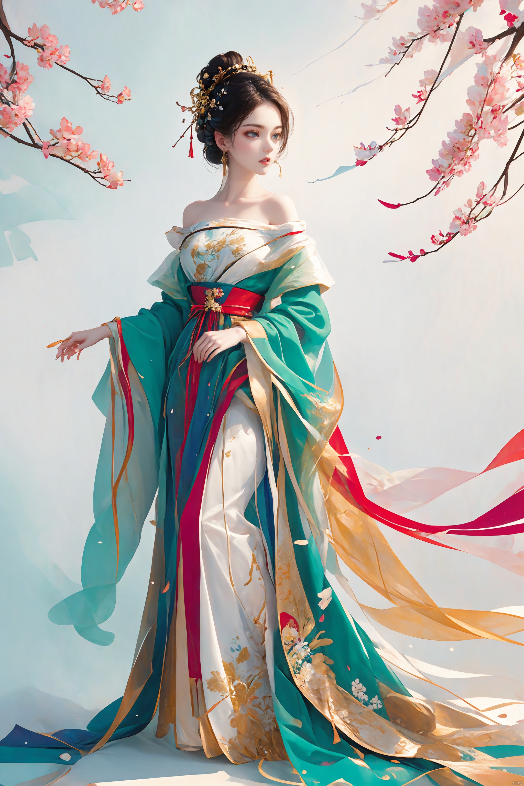  Best quality, naked，Full-length photo, red off-the-shoulder Hanfu，Flowers, colorful
