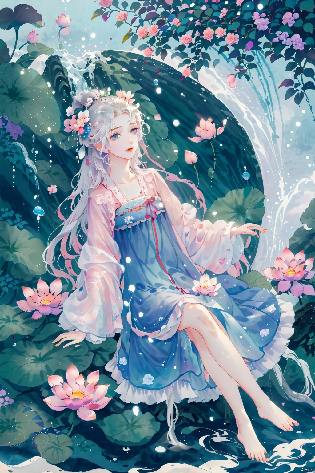  1 Girl, Laurie, petite, long hair, floating hair, messy hair, white hair, bow knot, braid, blue eyes, bright dress, floating, looking at the audience, feet soaking, goddess, water lily, lotus, ocean, partially submerged, bubbles, beach, berries, blue flowers, bouquet, foam, camellia, caustics, clover, coral, daisy, flower background, flowers, food, fruit, hibiscus, horizon, hydrangea, Water, leaves, lilies, lilies of the valley, petals on liquid, pink flowers, purple flowers, rain, red flowers, ripples, roses, shallow water, snowflakes, waves, white roses, yellow flowers, ((poakl)), Light master, glint sparkle, gonggongshi, traditional chinese ink painting, flower,flower, tyqp, shui, 1girl,short skirt,, see-through, Happy Water Park,huaxianzi, guofengZ, chineseclothes,dress, yue , hair ornament , hanfu, bailing_model,1girl, full body