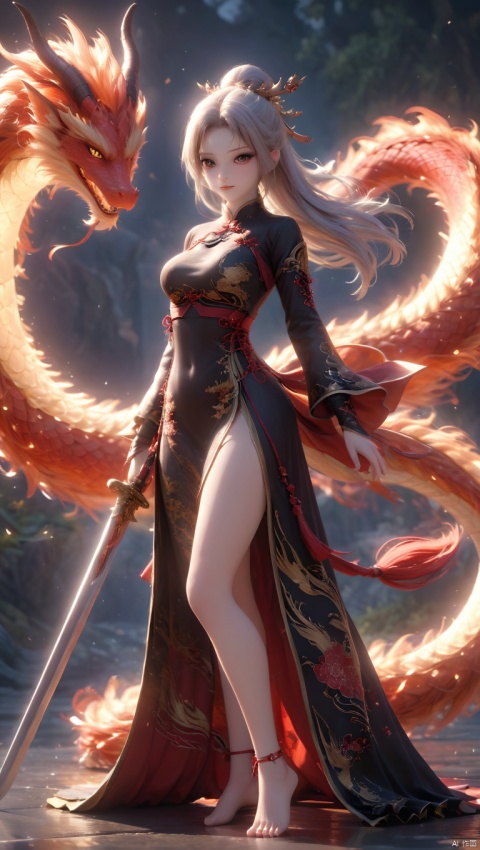 full body,sexy,barefoot,hanfu,white hair fairy fox,A magic sword locked by a chain, game RPG inventory sword icon, with a glowing dragon surrounding the sword in the background, the hilt has silver and black engraved runes, glowing, the blade is complete, slender, tall Resolution, detailed, high quality, 3D model, game assets, Chinese dragon pattern on the handle, solid color background, ultra-detailed, surreal style, 3D rendering Unreal Engine 5 style. to kostay, 1girl, Chinese dragon, glow