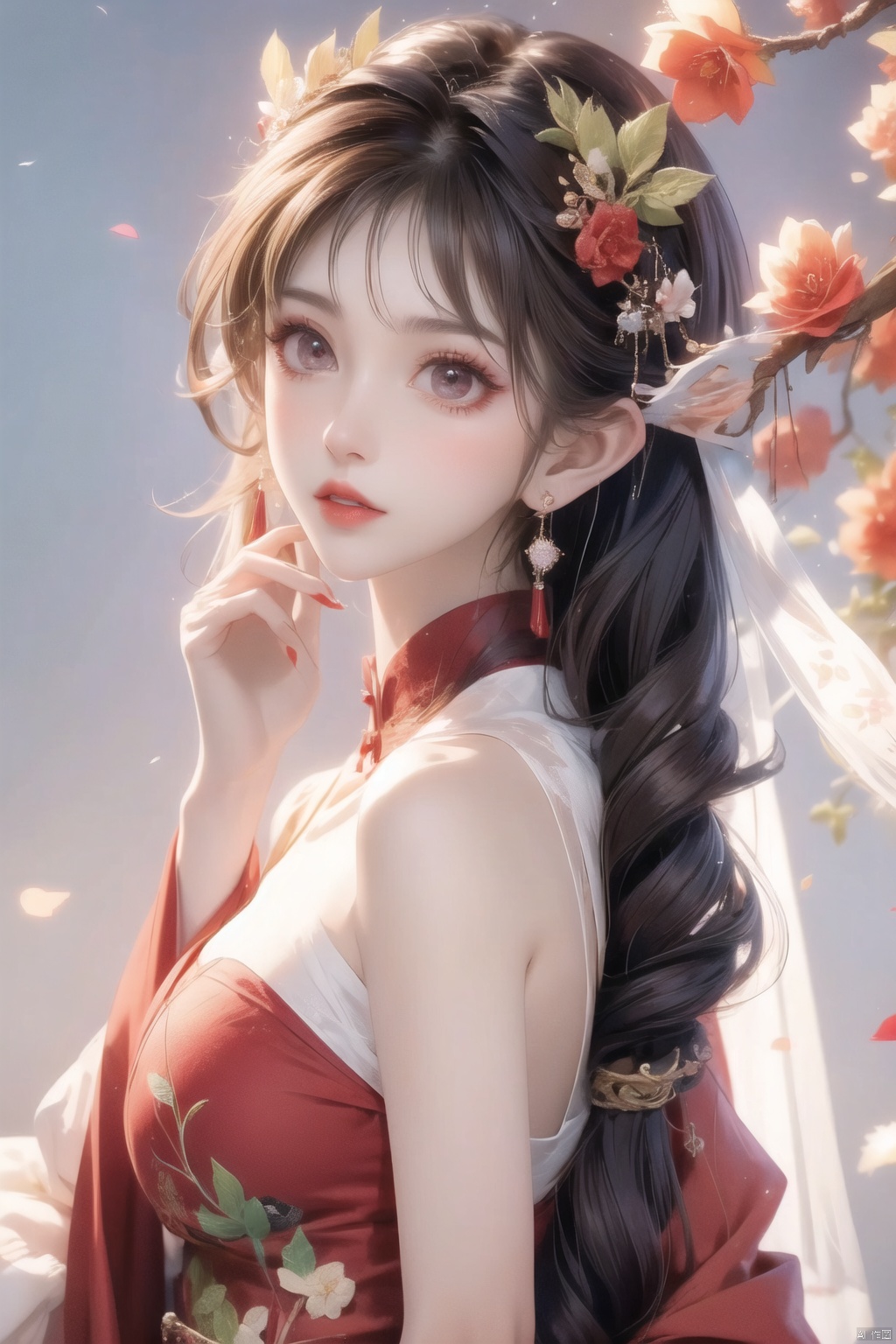 1girl, solo, long hair, black hair, hair accessories, jewelry, closed mouth, upper body, flowers, earrings, blur, side, eyelashes, side, makeup, red background, Chinese costume, red flowers, fringe, branch, red lips, fringe earrings, fruit grain, no hand, very beautiful, masterpiece, best quality, super detail, animation style, key vision, 1 girl