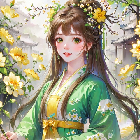  (masterpiece), (best quality), illustration, ultra detailed, hdr, Depth of field, (colorful), loli,1girl, flower, long hair, solo, green eyes, upper body, hair ornament, brown hair, teeth, dress, long sleeves, hanfu,yellow flower, looking at viewer