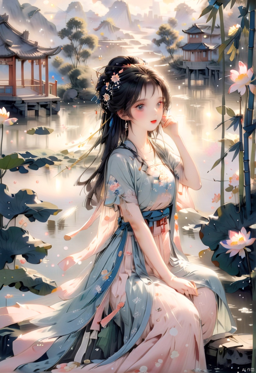  (sunlight, beautiful sky, floating hair, Fisheye lens lens, dynamic angle, distant view, panorama ,overlook,barefoot), ((Ancient_Chinese_architecture)), (short sleeves),with a combination of Morgan colors, Qiu Ying's painting style, And high end color matching, ((A beautiful girl sitting on a bamboo raft in the water, swimming downstream, Huge lotus, rain, (full body), aqua_china_dress)), (bright light,fantasy), ((spotted light)),1 girl, ((black hair, shy, blush)), arien_hanfu, (\hui mou\), dingxianghua, guofeng, Anime style, dunhuang, hanfu, cexz1,cexz2,cexz3,cexz4,cexz5,changexian, dancedress,chinese cloths,song style outfits,bare_foot,stadning,full_body,flowers ,(innocent grey),fox girl,fairy, traditional chinese ink painting