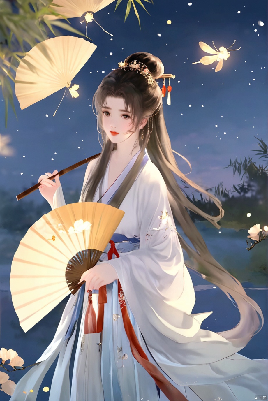 masterpiece,best quality,high quality,(colorful),[Artist miwano rag],[Artist toosaka asagi],[[[Artist wlop]]],[Artist chen bin],Artist Miv4t,1girl, solo, long hair, black hair, hair ornament, dress, sky, hair flower, sash, night, chinese clothes, star \(sky\), night sky, hand fan, lantern, holding fan, paper fan, hanfu,water,lying in the water,(fireflies),bamboo,tree,white theme