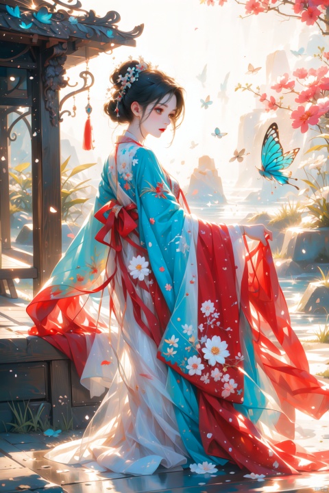  blue butterfly, in a colorful fantasy realism style, realistic color palette, wink and you miss details, japanese style art, fluid and organic shapes, light teal and light red, light reflection, 1 girl