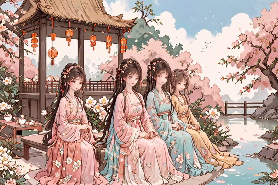  4+ girls, multiple colored hairs, sweet maids, random cute faces, super happy smiling, laughing,group shot, zoom camera, sweet tea party,lots of cakes, macarons, chocolates, parfaits, cookies, land of sweets,hanfu,((harajuku fashion)),((flowers with human eyes, flower eyes)),double exposure,fusion,hanfuray tracing, reflection ligh, HanFu, tianhai