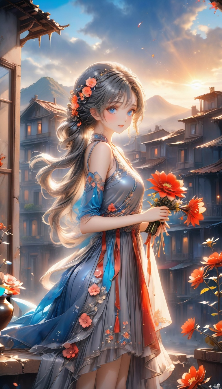  Anime style,(detailed light), (an extremely delicate and beautiful), (1 girl holdding vase and
flower)
(cowboy shot:1.3)
(from side:1.25), (1 loli:1.2), grey hair, (messy braid ponytail), (wearing old
ripped dress), (long grey dress), frills, (Smile, hope, sunshine:1.2), (solo), (blue
eyes:1.2), (Detailed beautiful eyes, lively eyes), (sitting), table
volume light, best shadow, flash, Depth of field, dynamic angle, Oily skin
(looking at vase), (1 Detailed vase), (red flower inside of vase), (Detailed and
beautiful), (Holdding vase)
(outdoors, Earthquake debris, cracked ground, collapsed houses in the distance, grey sky, smoky)