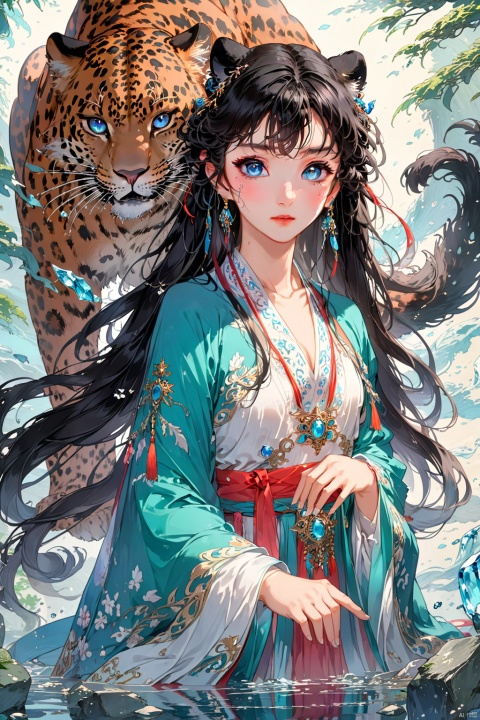  Anime style, (masterpiece: 1.3), best quality, animation works, 1girl, solo, long hair, bangs, hanfu, black hair, wide sleeve flowing fairy skirt, medium hair, black hair, black leopard, photos, 8k, complex, highly detailed, majestic, digital photography, broken glass, (fine and delicate beautiful eyes: 1.2), hdr, lifelike, high-definition, animation style, key vision, vibrant, studio animation, highlydetailed, arien_hanfu, guofeng