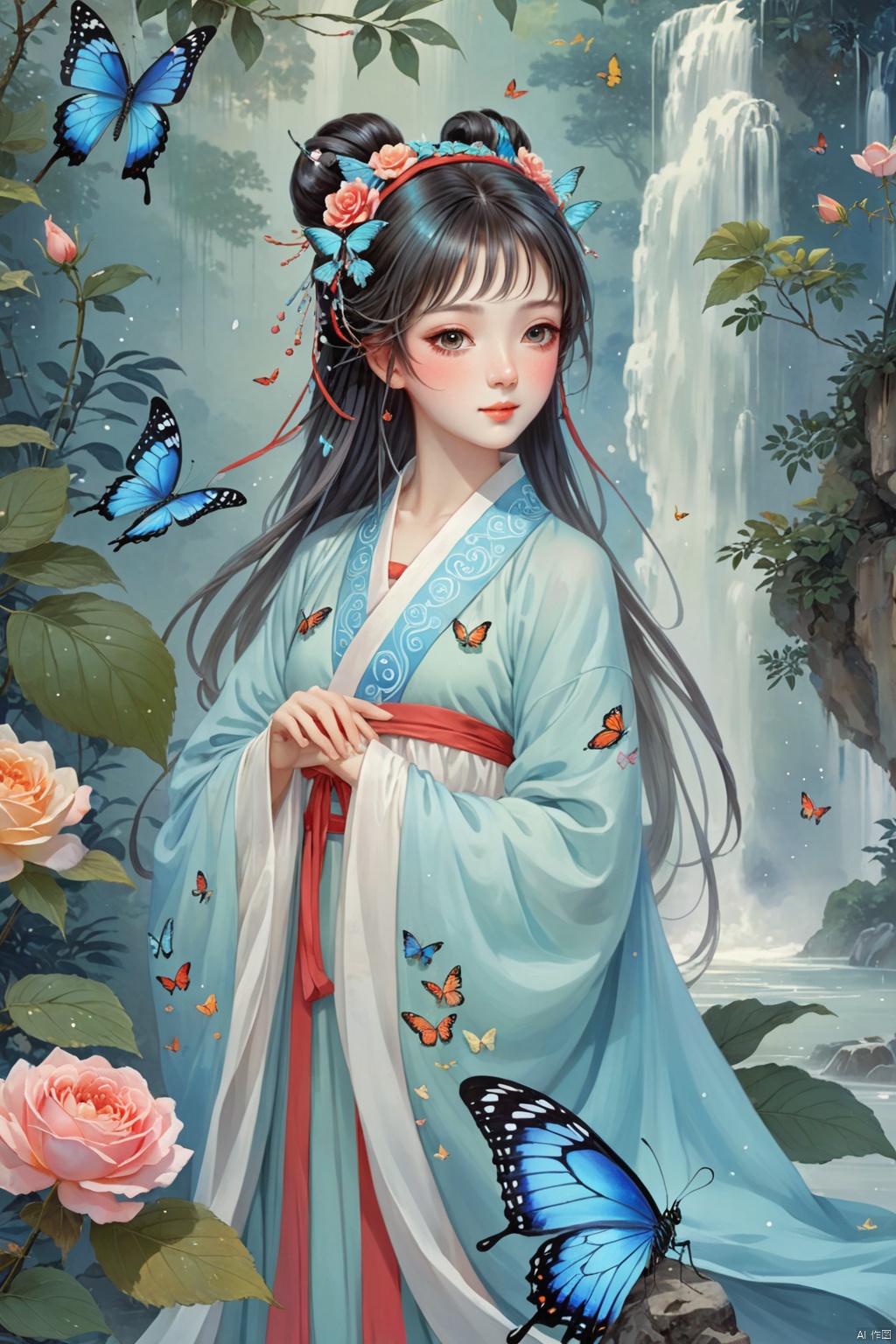  1gril,,hanfu,full body, cloak, QINGYI, shidudou,blue butterfly, in a colorful fantasy realism style, realistic color palette, wink and you miss details,chinese painting\(gongbi\),young woman bathing under a waterfall in an dream like forest,extremely detailed,detailed face,intricate detail,background\(gongbi\),    blue butterfly, in a colorful fantasy realism style, realistic color palette, wink and you miss details, japanese style art, fluid and organic shapes, light teal and light red, light reflection,blue butterfly, in a colorful fantasy realism style, realistic color palette, wink and you miss details,sleeve,flower headband,roses background,4k,8k,round eyes,round pupil,happy,colourful,fantasy magical,complex hair detail,happy,texture on clothings,fireflies,