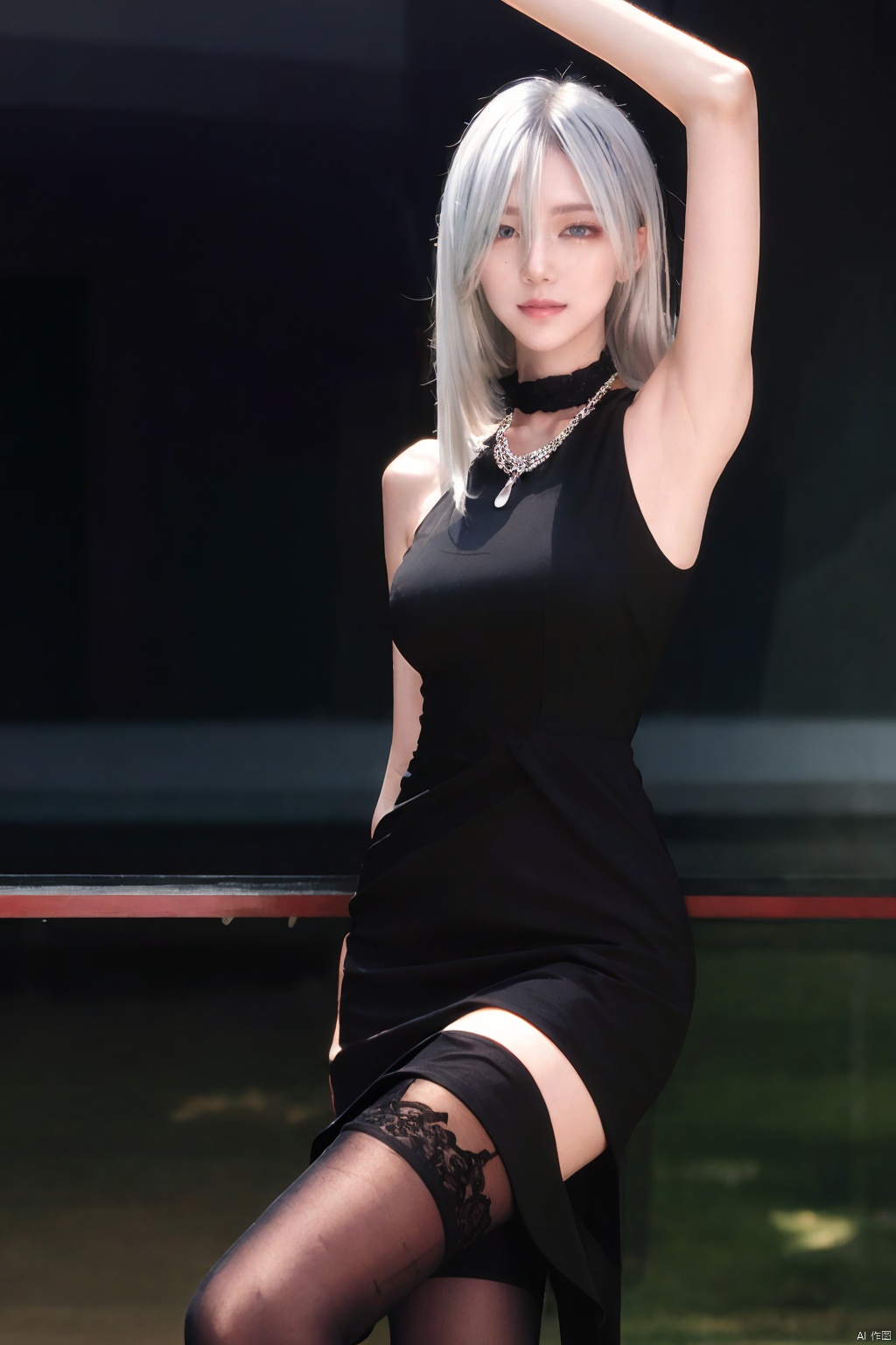  best quality, masterpiece, realistic,cowboy_shot,(Good structure), DSLR Quality,Depth of field,kind smile,looking_at_viewer,Dynamic pose, 
wangyushan,
1girl, solo, long hair, breasts, looking at viewer, bangs, blue eyes, thighhighs, gloves, dress, hair between eyes, bare shoulders,  blue hair, flower, white hair, multicolored hair, lying, parted lips, sleeveless, black gloves, elbow gloves, black thighhighs, armpits, black dress, arms up, thigh strap, floating hair, sleeveless dress, feet out of frame, chain, white flower, rain, watch, clock, grey thighhighs, roman numeral, blackpantyhose, 