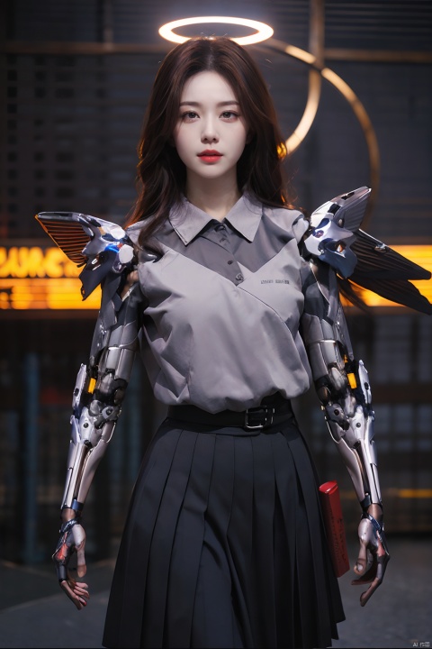  cyborg,mecha,（Best quality,masterpiece.）1girl,movie lighting, wide angle and super details,  1girls,katana,school_uniform,Pleated skirt,mechanical_wings,mechanical_angel,