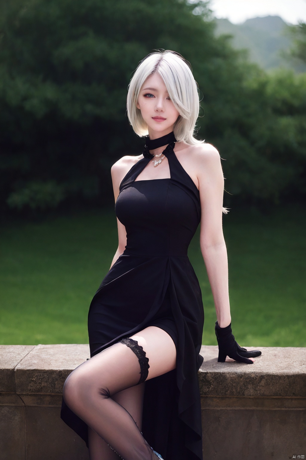  best quality, masterpiece, realistic,cowboy_shot,(Good structure), DSLR Quality,Depth of field,kind smile,looking_at_viewer,Dynamic pose, 
wangyushan,
1girl, solo, long hair, breasts, looking at viewer, bangs, blue eyes, thighhighs, gloves, dress, hair between eyes, bare shoulders,  blue hair, flower, white hair, multicolored hair, lying, parted lips, sleeveless, black gloves, elbow gloves, black thighhighs, armpits, black dress, arms up, thigh strap, floating hair, sleeveless dress, feet out of frame, chain, white flower, rain, watch, clock, grey thighhighs, roman numeral, blackpantyhose, 