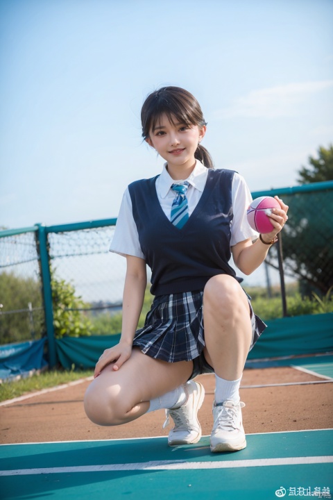 1girl, solo, looking at viewer, smile, skirt, brown hair, shirt, white shirt, ponytail, short sleeves, necktie, shoes, plaid , plaid skirt, ball, blue necktie, photo background, tennis ball,