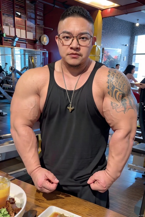 1boy,glasses, muscular_male, dyanamic pose, best quality, amazing quality, very aesthetic, absurdres,1man,solo,muscular male,looking at viewer, standing,tank top, Muscular Male,  Movie style background,  km, muscular, firemenoutfit
