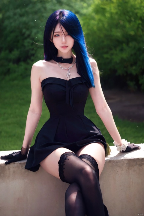  best quality, masterpiece, realistic,cowboy_shot,(Good structure), DSLR Quality,Depth of field,kind smile,looking_at_viewer,Dynamic pose, 
wangyushan,
1girl, solo, long hair, breasts, looking at viewer, bangs, blue eyes, thighhighs, gloves, dress, hair between eyes, bare shoulders,  blue hair, flower, white hair, multicolored hair, lying, parted lips, sleeveless, black gloves, elbow gloves, black thighhighs, armpits, black dress, arms up, thigh strap, floating hair, sleeveless dress, feet out of frame, chain, white flower, rain, watch, clock, grey thighhighs, roman numeral, blackpantyhose, 