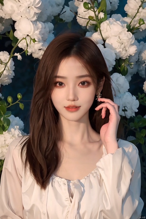 1girl, solo, looking at viewer, black hair, hair ornament, long sleeves, brown eyes, jewelry, upper body, flower, earrings, hair flower, wide sleeves, lips, chinese clothes, realistic, red lips, korean clothes,Cyberpunk