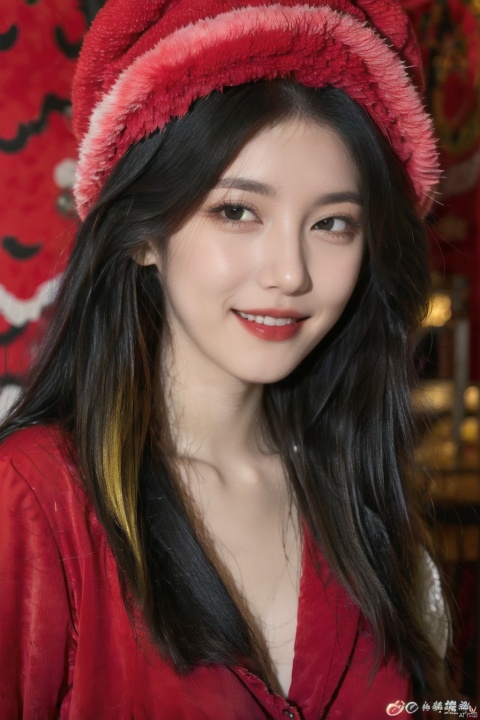  masterpiece, best quality, 1girl, red background, black hair, Long curly hair, face front, ((red fashion silk lone costume with red swirling vortexes pattern)), ((Red Plush Fur Hat)), emotional face, (close up portrait), make up, studio light, studio, ((poakl)), poakl ggll girl,laughing