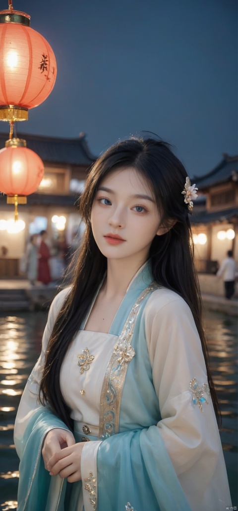  1girl,(((face focus))), sole_female,standing,daxiushan,daxiushan style,hanfu,
((upper_body:0.7)),full breasts, (((larger breasts:1.2))),long hair,blue eyes,Pastel lips, pupil,earrings,jewelry,(perfect face), shiny skin, 
(china jiangnan water town style),water, wet, 
masterpiece, best quality,depth of field, cinematic composition, best lighting,light master,RAW photo, dslr, film grain, Fujifilm XT3, night shot,